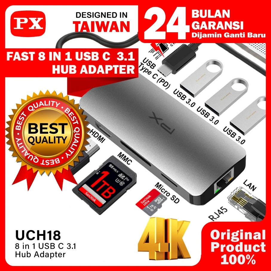 Type C to HDMI USB LAN Converter Hub iOS Android Windows 8in1 PX UCH18