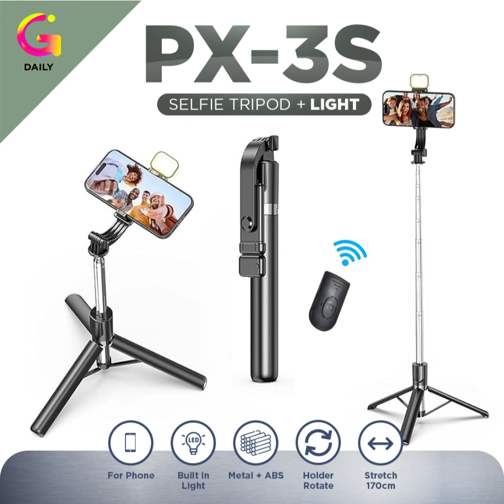 Tripod PX-3s tinggi 170cm Wireless R1L Selfie Stick HP lengkap dengan Remot Bluetooth dan Lampu LED