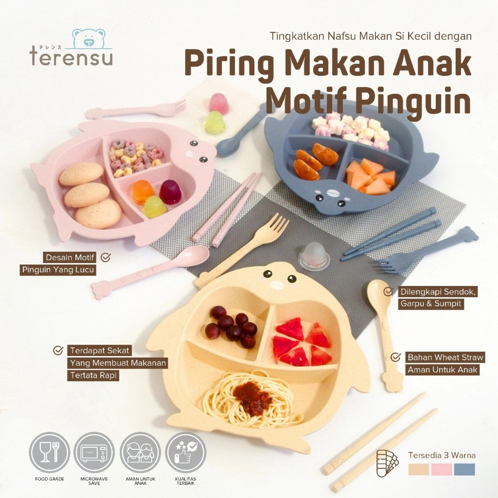 terensu Piring Makan Anak + Sendok Garpu Sumpit Motif Pinguin Set Perlengkapan Makan