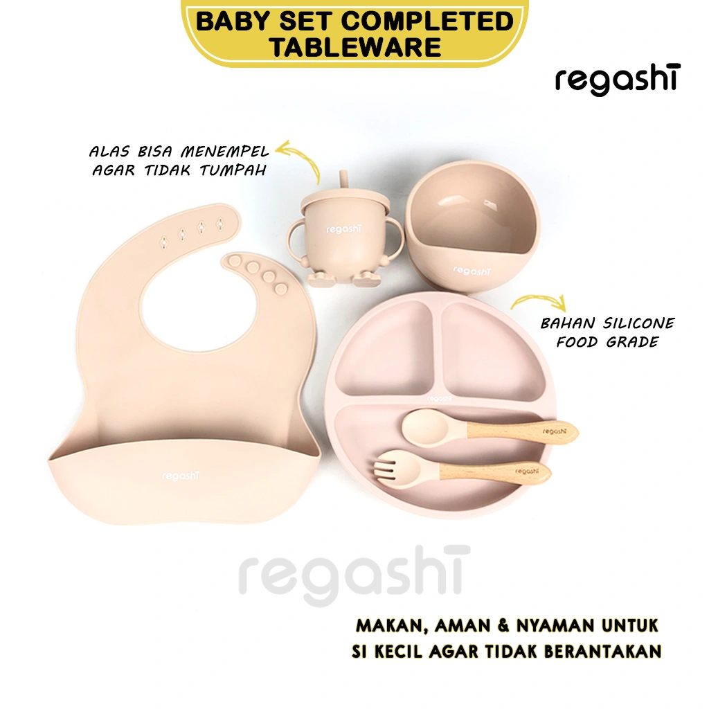 Regashi Baby Set Complete | Set Alat Makan Silicone Food Grade | Lengkap Tempat Makan Bayi Anti Tumpah Dengan Suction Base Aman Nyaman Untuk MPASI Desain Lembut Mudah Dibersihkan Cocok Balita Toddler Daily Meal Feeding Set Berkualitas Premium