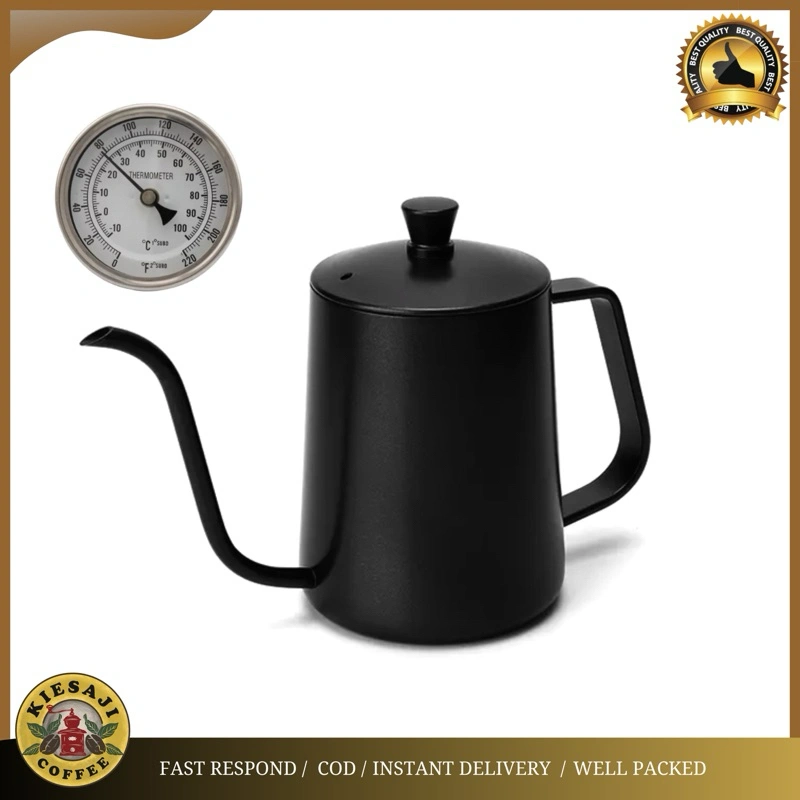 Teko Kopi Leher Angsa V60 350 ml 600 ml Thermometer Black Teflon / Pour Over Coffee Kettle Gooseneck Ketel Termometer Barista / Ketle Peralatan Penyeduh Kopi Coffee Maker Stainless Steel