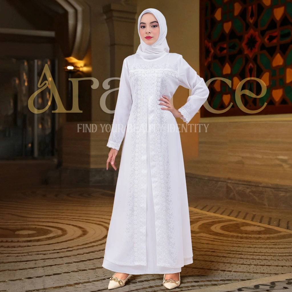 [ ARALLUCE ] Baju Dress Gamis Putih Wanita Muslim Kekinian Terbaru ARL 012 / Abaya Warna Putih Turkey Turki Modern Mewah dan Elegan Bisa Untuk Ibu Ibu dan Remaja Premium