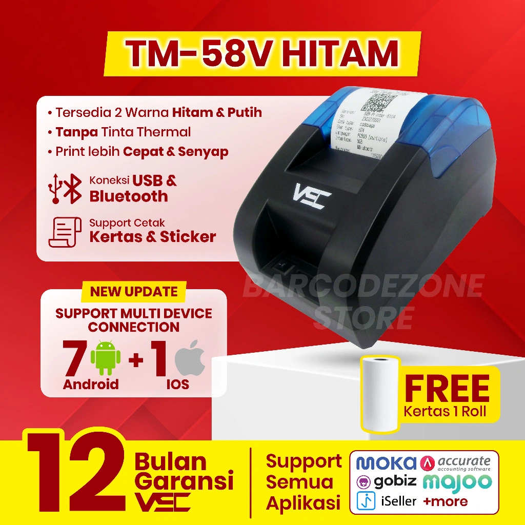 Mini Printer Thermal Bluetooth VSC TM-58V 58mm RPP02 - Printer Kasir Printer Alamat Printer Struk - RJ-11 - Support Moka Gobiz Grab Semua Apps