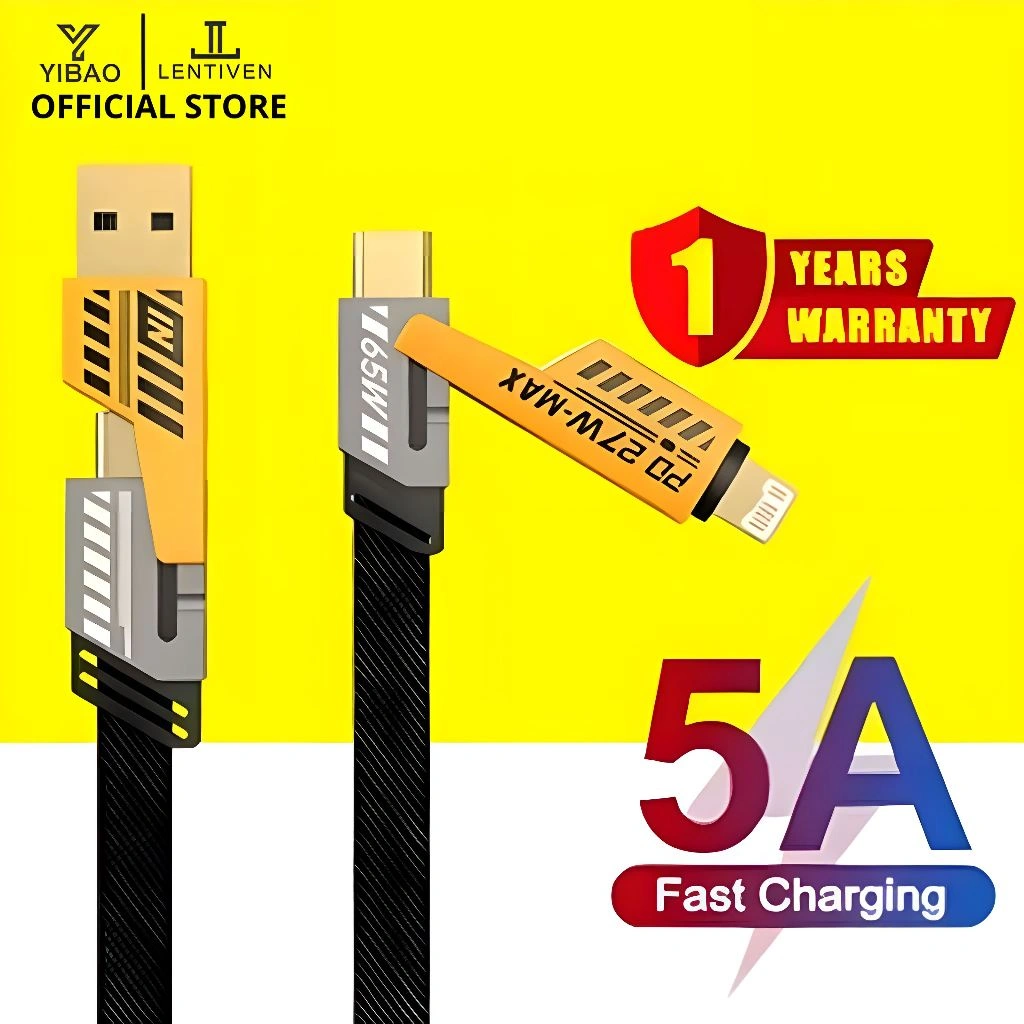 YIBAO LENTIVEN Kabel Data 4 in 1 Fast Charging USB PD27W HP Kabel Casan 4in1 Tipe C USB iOS Lightning