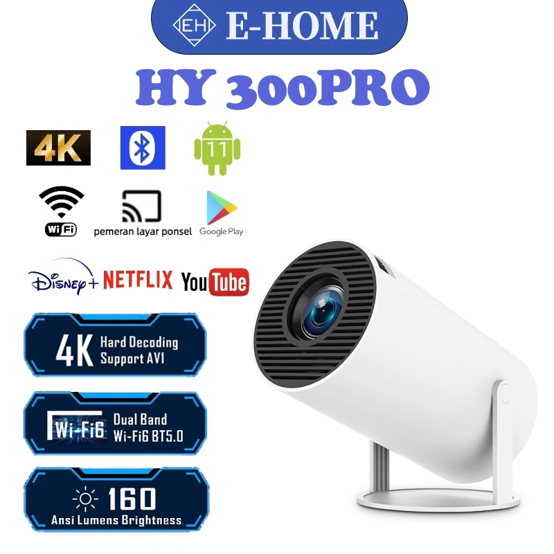 E-Home HY300PRO Proyektor 4K Android 11.0 Wifi 6 Bluetooth 5.0 1GB+8GB Smart Projector 1080P HD Portable Home Theater TV