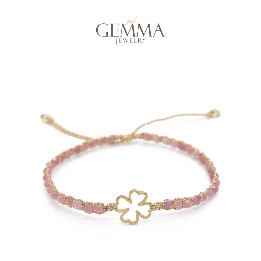 Gemma Jewelry - Pink Tourmaline Clover Bezel Bracelet | Gemstone & Anti Karat 14K Gold Plated | Gelang Batu Alam Asli | Get Gemma Jewelry