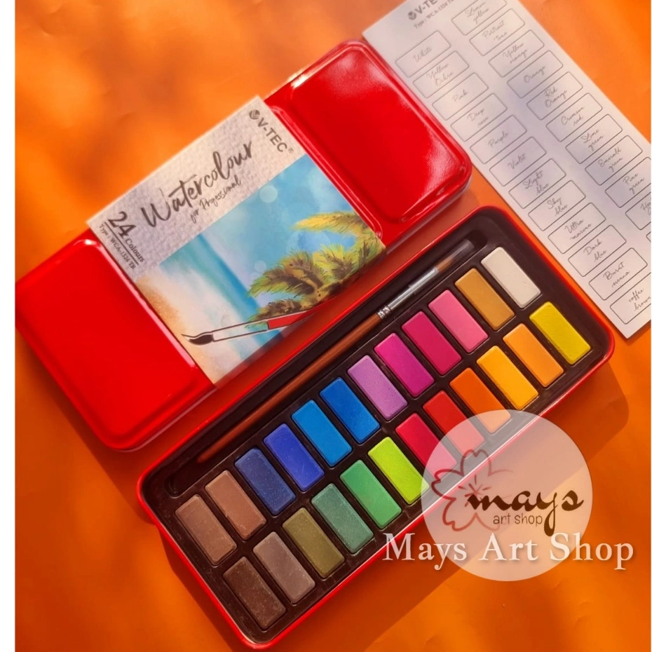 [PREMIUM] Cat Solid Watercolor Paint V-Tec Aquarelle - Cat Air Padat Set + Kuas Isi 12 24 Warna - Cat Air Set Water Color  Kuas - Cat Lukis Watercolour Colour Colors