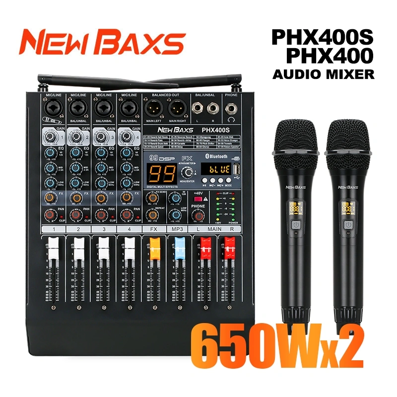 NEW BAXS PHX400S/PHX400 audio mixer Professional 4-channel power amplifier with wireless microphone one to two type-c charging interface KTV bar home 99DSP support cod