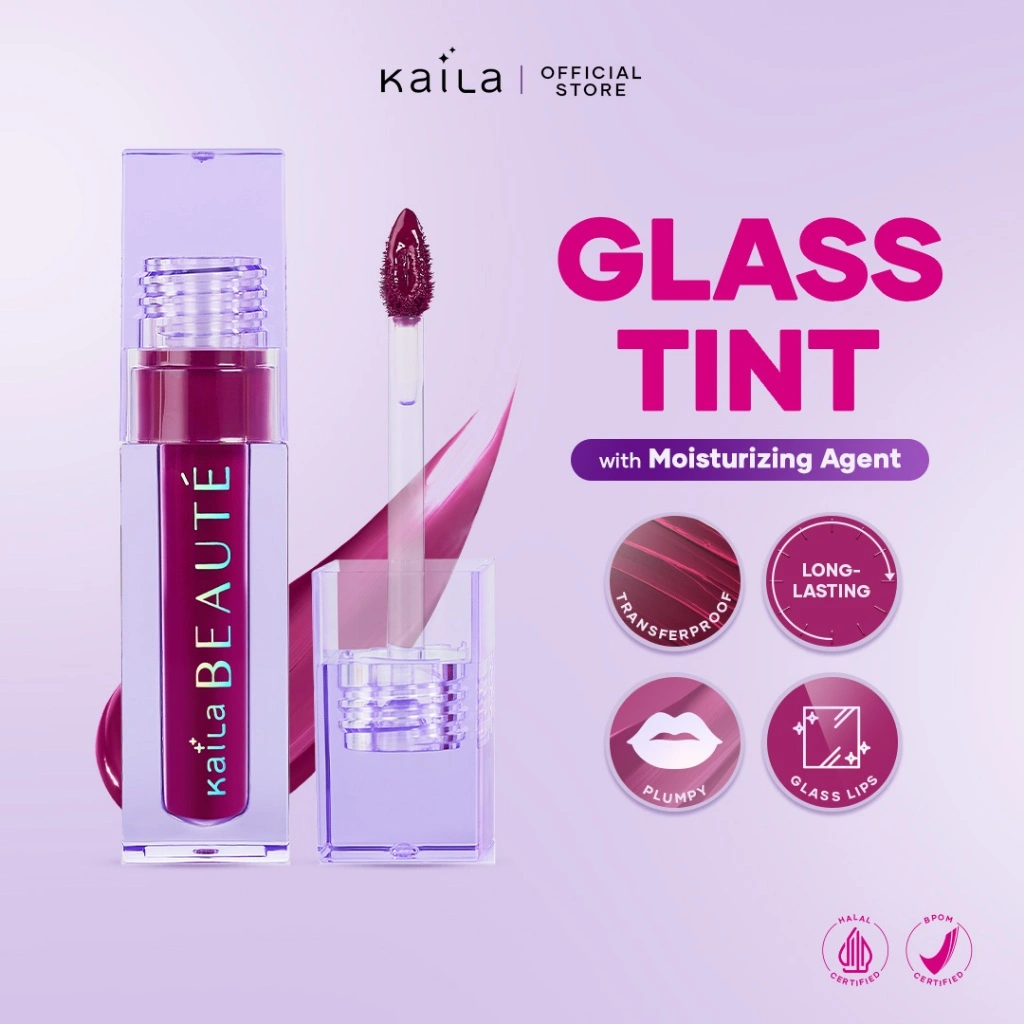 Kaila Beaute Glass Tint - Lip Tint Infused Skincare Transferproof & Tahan Lama dengan Hyaluronic Acid, Vit C Melembabkan Mencerahkan Halal & BPOM