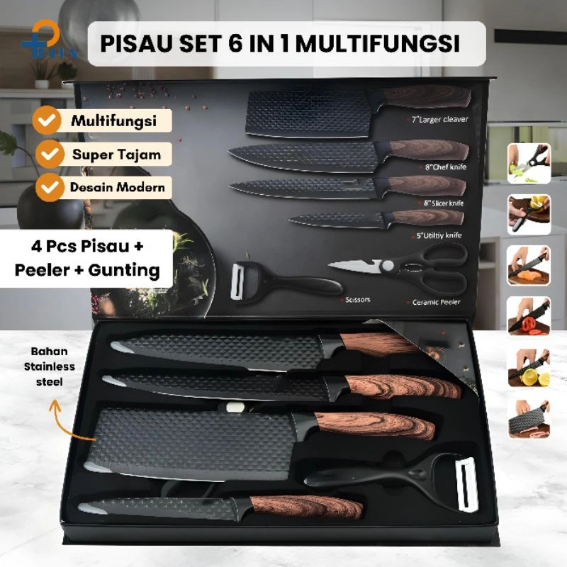 [ Pplus ] Piasu Dapur Black Diamond Knives Set 6 in 1 / Knife Set Diamond Anti Karat / Pisau Dapur Multifungsi Anti Lengket Stainless Steel
