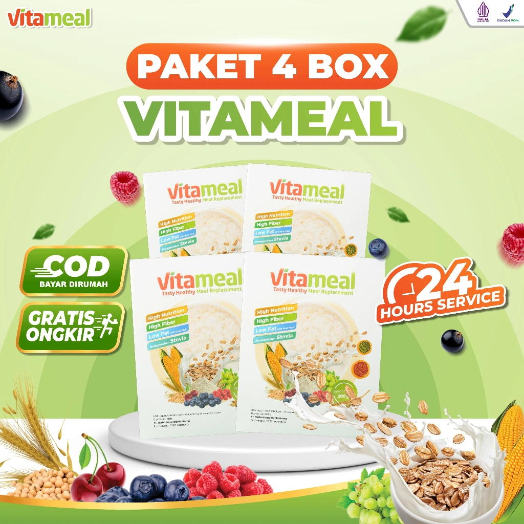 Vitameal 4 Box Original – Suplemen Makanan Bergizi Seimbang untuk Anak & Dewasa | Nutrisi Lengkap Harian | Tinggi Protein, Vitamin & Mineral | Cocok untuk Pemulihan Gizi Buruk, Anak Kurus, Ibu Hamil & Menyusui | Resmi & Aman BPOM | Produk Nutrisi Lengkap
