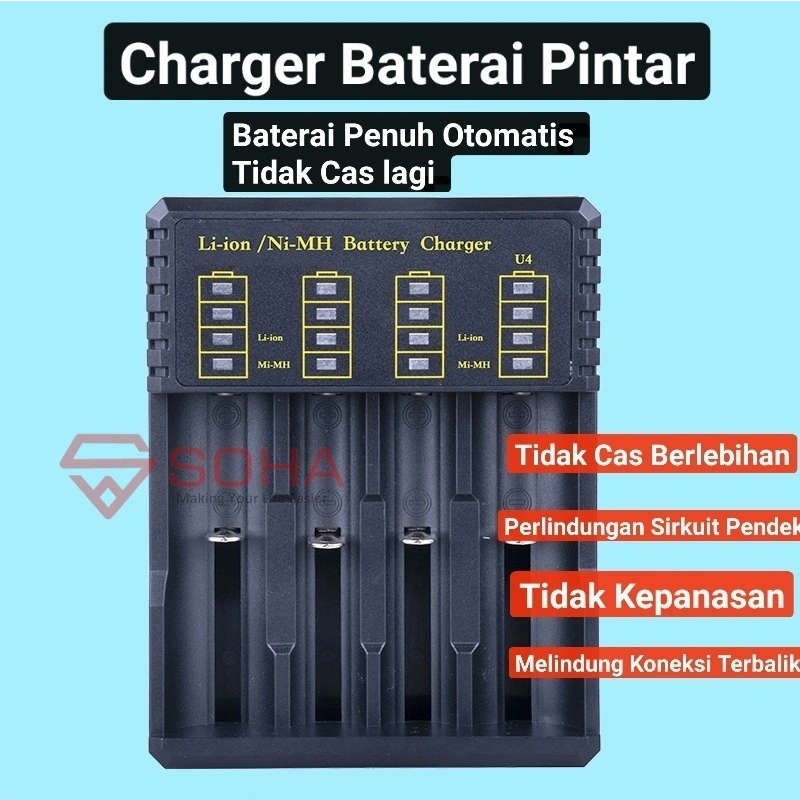 CHB-010 Charger Baterai 4 Port Ada Indikator Bisa Cas Baterai Ni-MH 1.2V Li-ion 3.7V 18650 14650 Auto Cut Off