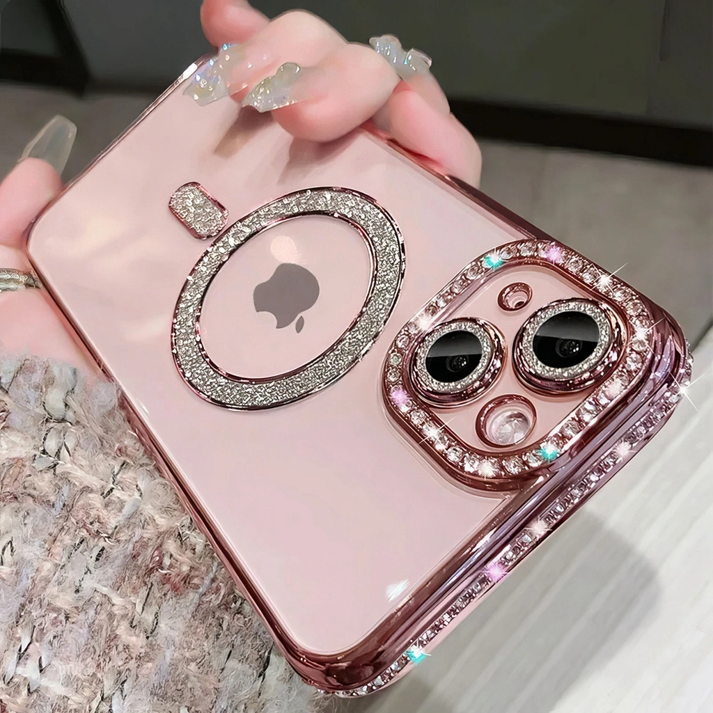 Rhinestones with Lens protector magsafe case for iPhone 16 15 14 13 12 11 Pro max plus plating glitter soft case shockproof back cover