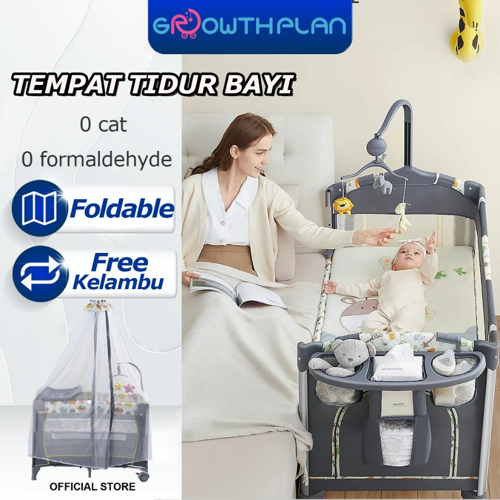 Tempat tidur bayi lipat 2 lapisan Box Bayi Side Bed Bisa Buka Samping Kirim Net Mosquito/Mainan Anak