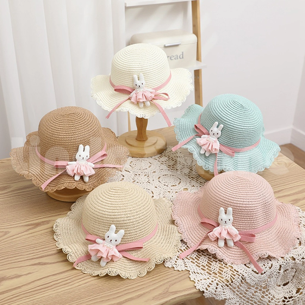L&A - Topi Pantai Anak Aksen Boneka Pita Topi Jerami Kids Summer Hat