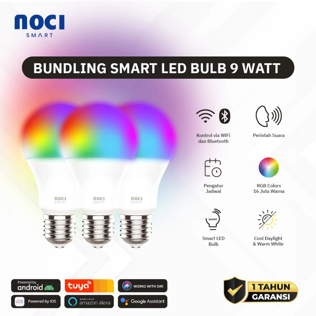 BUNDLING (Paket 3pcs) Noci Smart Bulb Lampu Cerdas Bohlam LED 9W / 12W RGB Wireless WiFi + Bluetooth