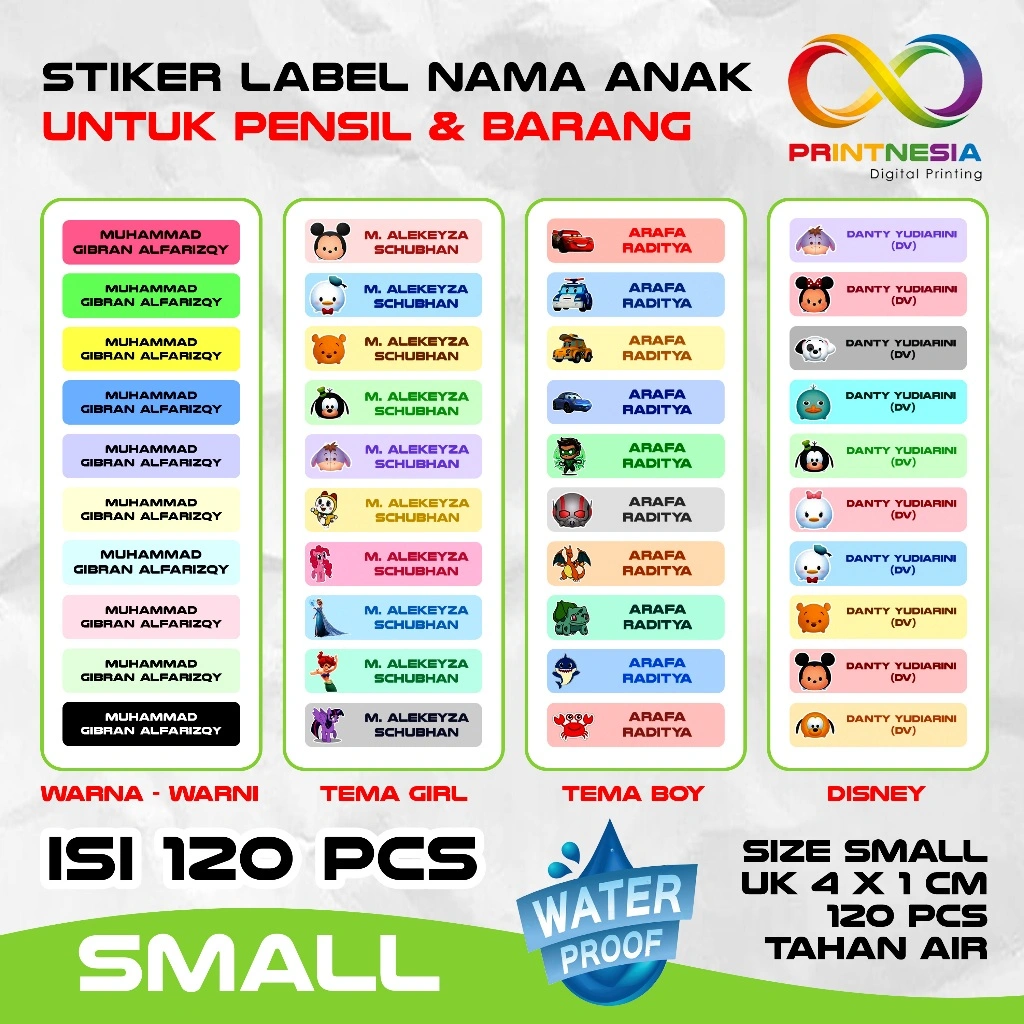 Stiker Label Nama Anak Custom Ukuran Small - Stiker Pensil Nama Alat Tulis Anak Waterproof Anti Air