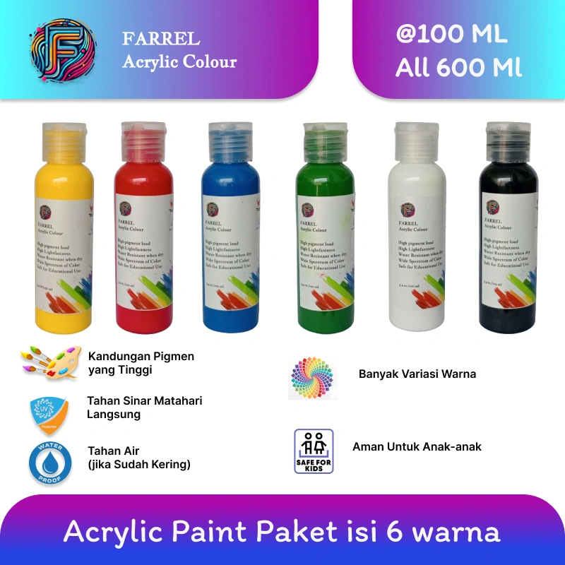 Cat Akrilik / Lukis / Kanvas / Mural Paket 6 warna isi 100 ML per botol Farrel Acrylic Colour