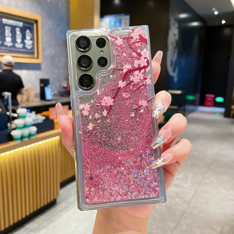 CrashStar Sakura Cherry Blossoms Liquid Quicksand Pink Flower Phone Case For Samsung Galaxy S25 S24 S23 FE S22 S21 Note 20 Ultra + A73 A56 A55 A54 A53 A52 A52s A51 A36 A35 A24 A17 A16 A15 A14 A13 A06 A05S A05 A04S 5G Glitter Phone Cover Soft Casing