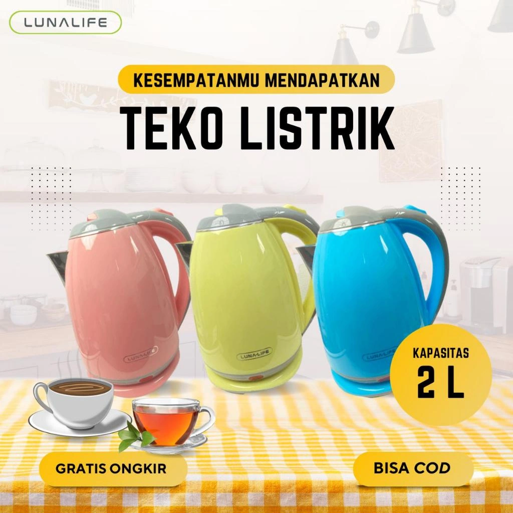 LUNALIFE Teko listrik LK502 Kapasitas 2L Pemanas Air 3 Warna Elektrik Kettle 500 Watt Daya Rendah