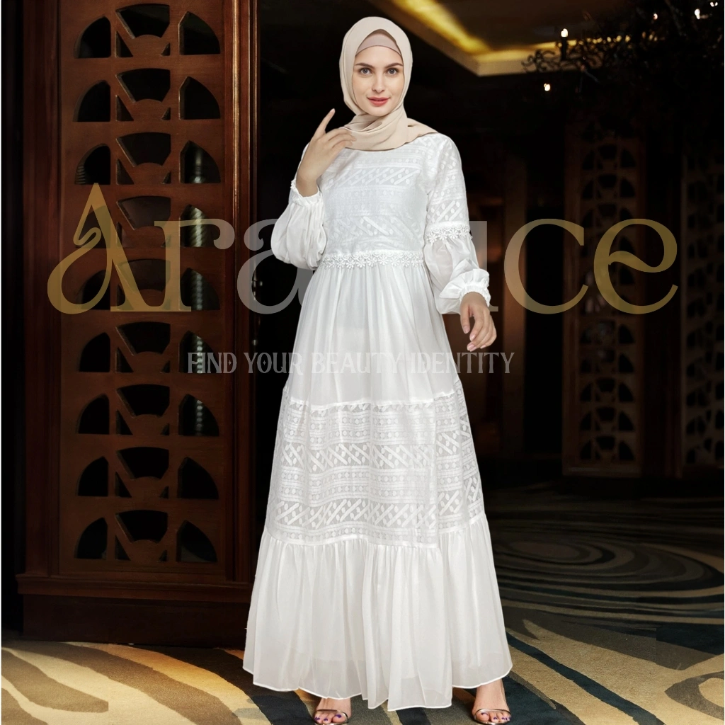Baju Dress Gamis Putih Wanita Muslim By ARRALUCE Kekinian Terbaru ARL 048 / Gamis Brukat Brokat Burkat Borkat Kondangan Modern Mewah dan Elegan Bisa Untuk Ibu Ibu & Remaja Dewasa Premium