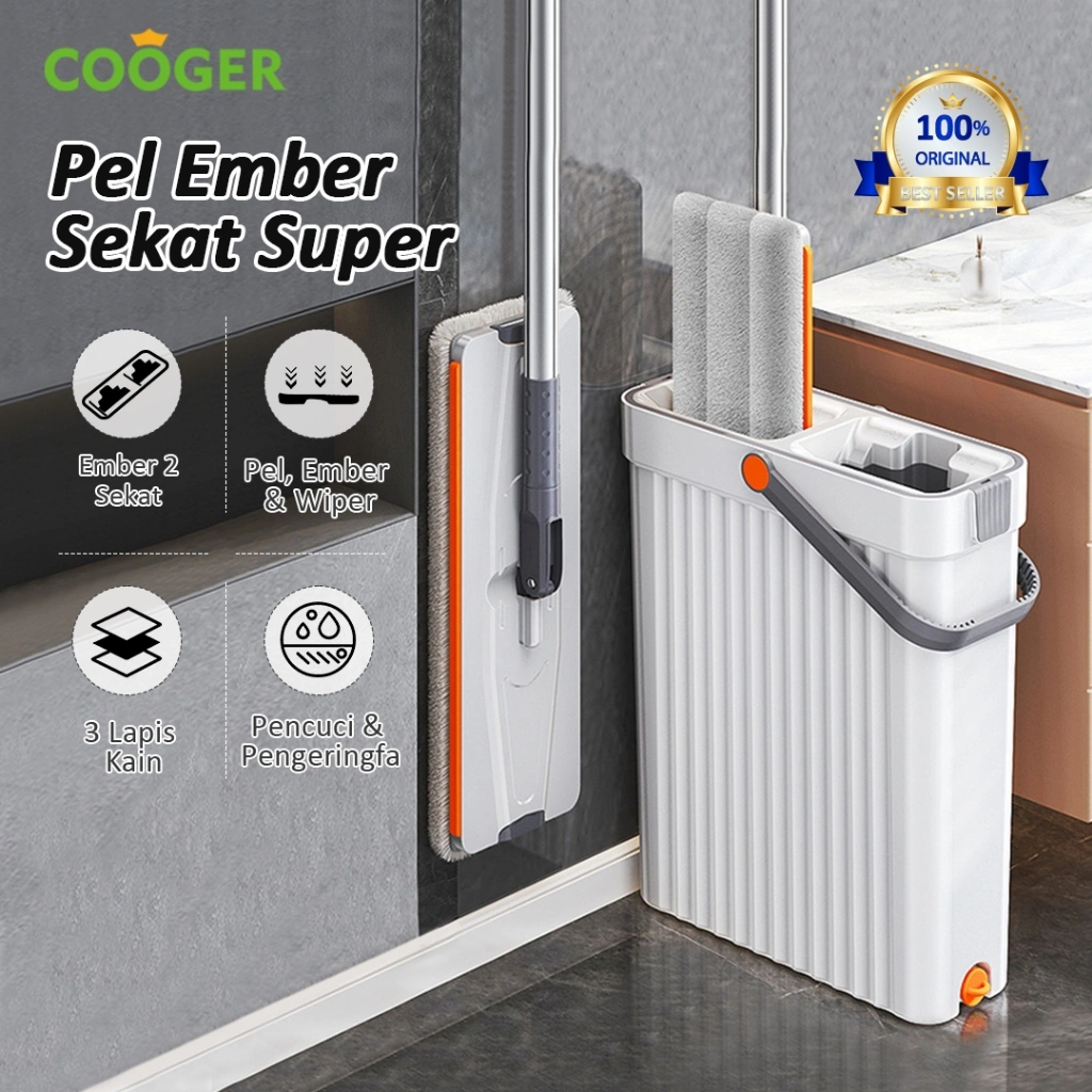 COOGER Alat Pel Lantai Dengan Ember Sekat Pel Lantai Dual Ember Sekat Dual Bucket Mop Pel Dengan Ember Pemisah Mencuci Dan Membersihkan Otomatis