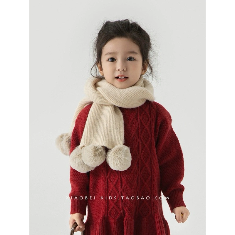 Plain Tri Pom2 Kids Cute Korean Winter Import Outfit Soft Knitted Scarf Syal Shawl