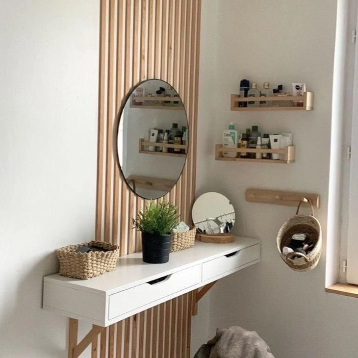 Rak Kosmetik Tempel Dinding 80x20cm dengan 2 Laci Penyimpanan Ambalan Gantung Dekorasi Kamar Minimalis