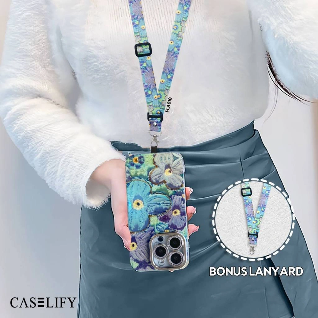 (beli case bonus lanyard) CASELIFY floral flower glitter lensa protector case iphone 11 12 13 14 15 16 pro max plus