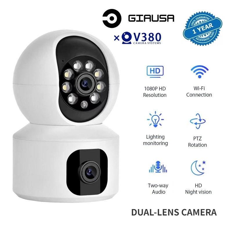 V380 Kamera CCTV Wifi Lensa Ganda Nirkabel Kamera IP 1080P Penglihatan Malam Pintar Alarm PTZ Kamera Rumah