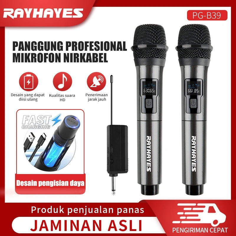 RAYHAYES Mikrofon Nirkabel Profesional UHF Mikrofon Dinamis Genggam Isi Ulang Bluetooth Untuk Karaoke