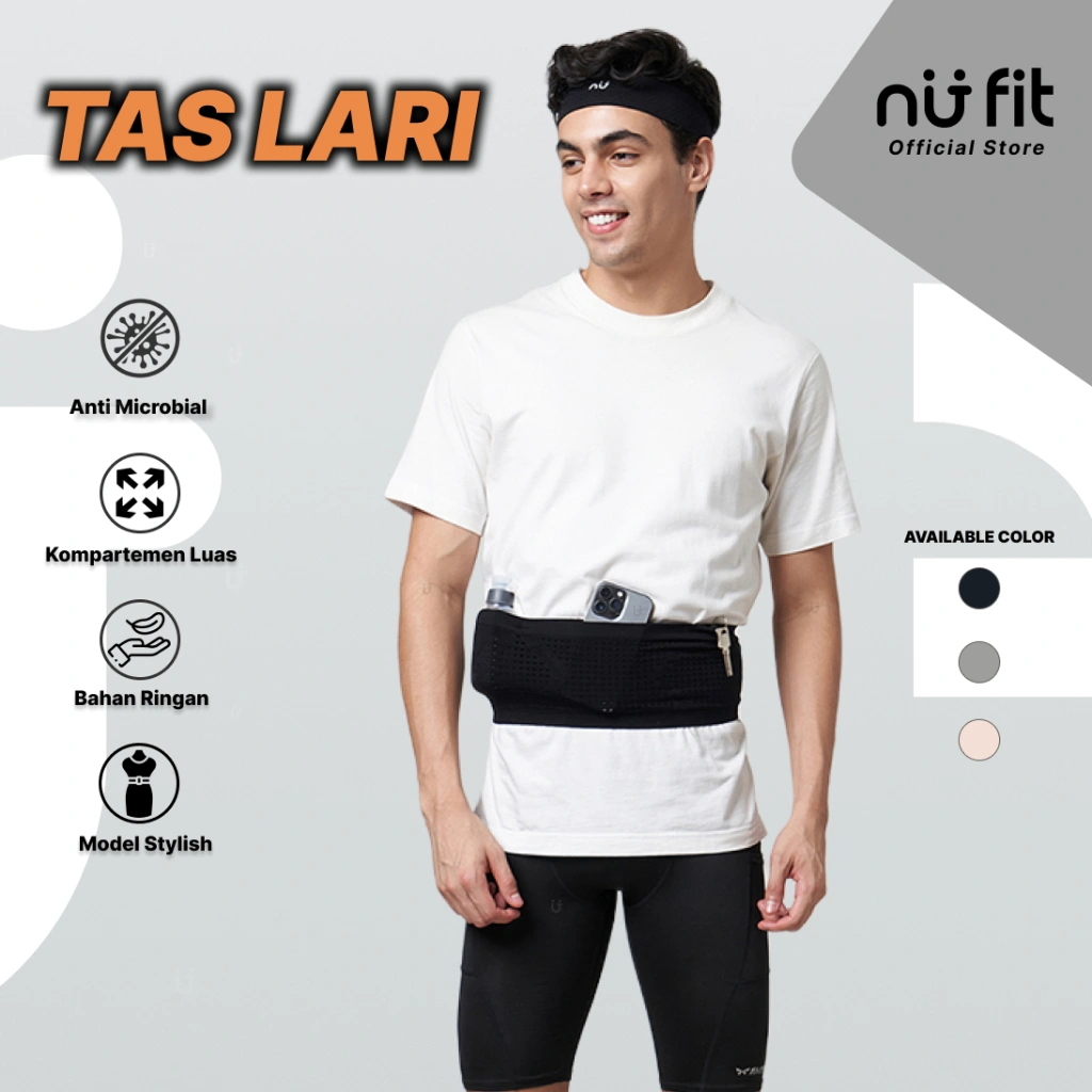 Nu Fit - (HITAM dan ABU) Tas Lari Pria - Tas Pinggang Olahraga - Tas Pinggang Multi Fungsi - Running Belt High Elasticity - Tas Running Pria