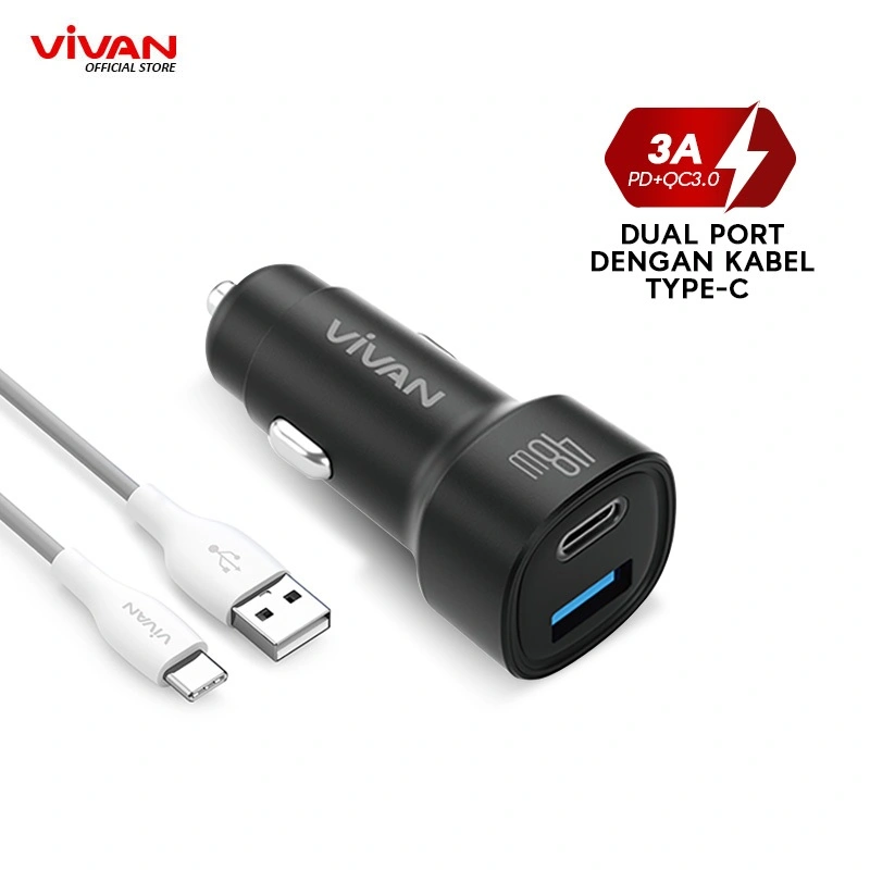 VIVAN VCC07 Car Charger 2 Ports USB-A & Type C | 48W 3A PD QC 3.0 Fast Charging | LED Indicator - Garansi 1 Tahun