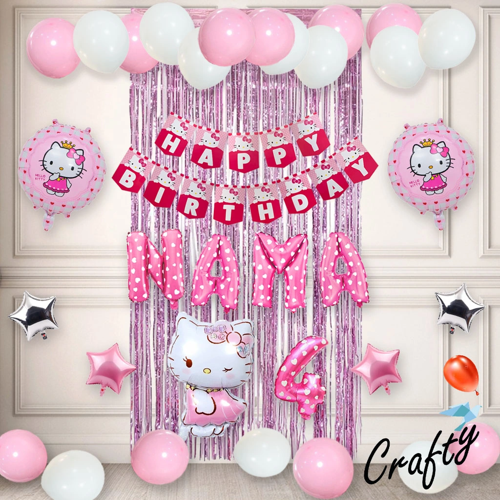 [PAKET] Set Ulang Tahun Anak BANNER HELLO KITTY CURTAIN Dekorasi Balon Hiasan Pesta
