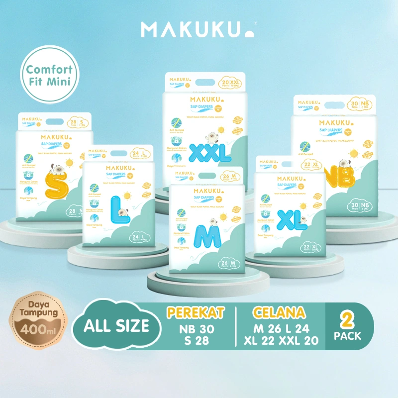 [2 PACK] MAKUKU SAP Diapers Comfort Fit Tape/Pants NB/S/M/L/XL/XXL Popok Bayi Anti Gumpal Extra Dry