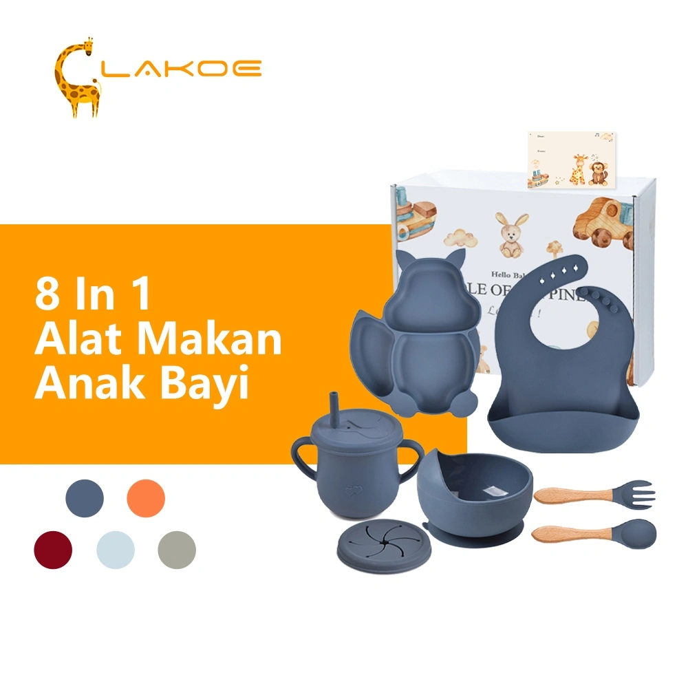 LAKOEOFFICIALMALL 8 in 1 Peralatan Makan Silikon Bayi Tempat Makan Bayi Silicone Set Mangkok Piring Sendok Garpu Bib Cup Newborn Gift Set