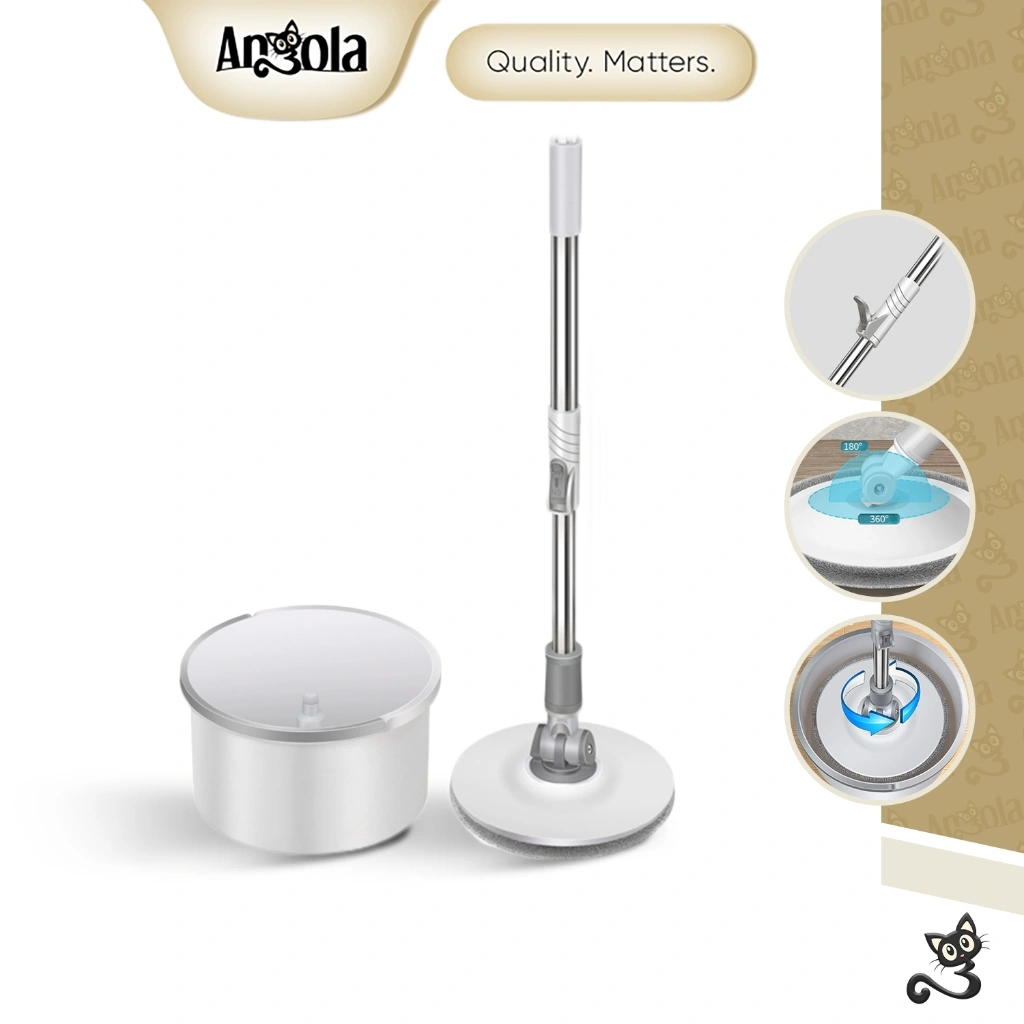 ANGOLA Pel Putar Otomatis Tanpa Peras/Spin Mop Single Bucket D23 Alat Pel Otomatis Kering/Alat Pembersih Lantai Kering Basah dengan Satu Ember