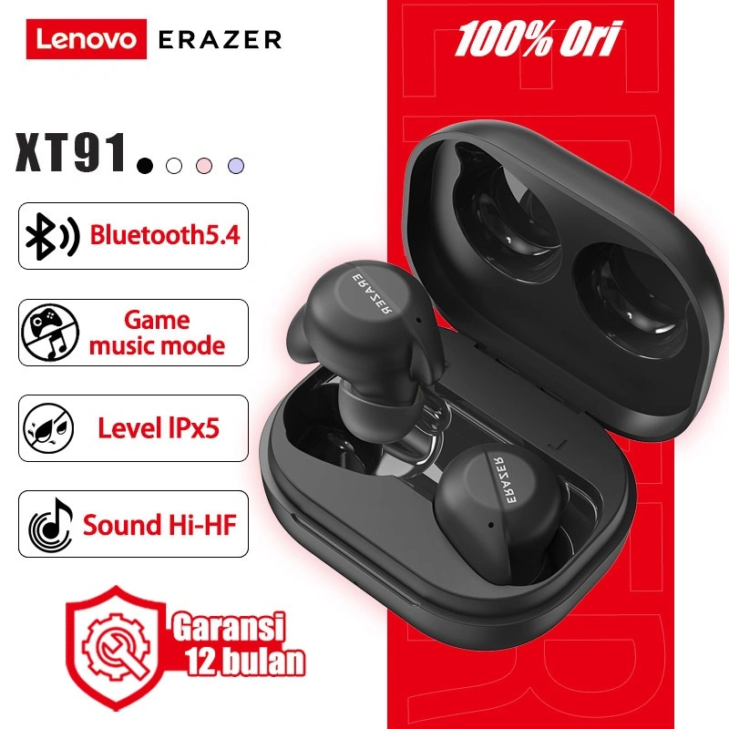 Lenovo ERAZER XT91 TWS Headset Bluetooth 5.4 MINI Earbuds handset Nirkabel With Mic Pengurangan Kebisingan Touch headphone Gaming Control Music Long Battery Tahan Air 9D wireless earphone sport Bass untuk semua ponsel Android/iOS henset