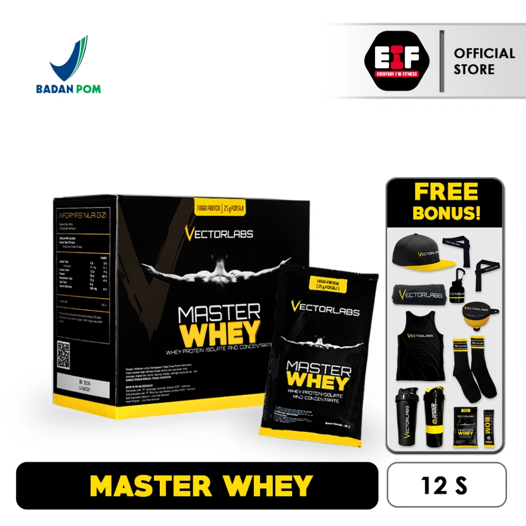 MASTER WHEY VECTORLABS 12 SACHET S SUSU FITNESS WHEY PROTEIN CONCENTRATE AND ISOLATE BPOM HALAL FITNES GYM OLAHRAGA DIET LEAN CUTTING BULKING MAINTENANCE UNTUK PRIA WANITA 12 SACHET SASET 12SACHET
