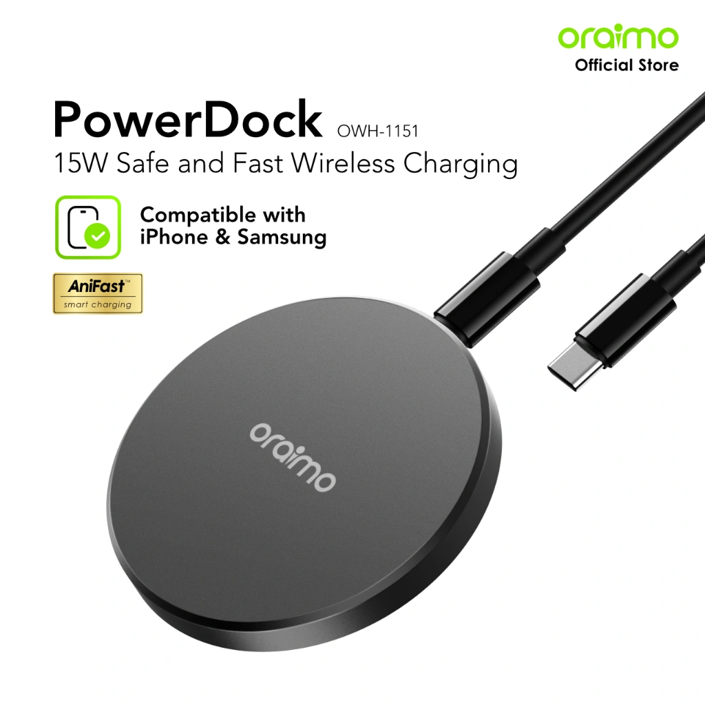 oraimo Pengisi Daya Hub Nirkabel Magsafe OWH-1151 Pengisian Cepat 15W Mini Portabel Tipis 5A 3V Kabel Perlindungan Ganda Iphone Samsung Android/OS Tipe C 1M Wireless Charger Fast Charging Portable Thin Multiple Protection Data Cable Type-C