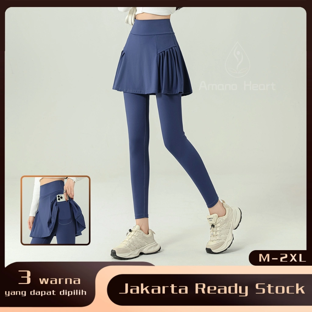 Amanoheart Celana Rok Wanita 2-in-1 Berkantong upsize Legging hitam olahraga Wanita Rok Panjang ukuran besar  black yoga pants High Waist Running pants Jumbo Polos Gym jogging bawah Celana kulot Muslim rok lipit Biru, Abu-abu