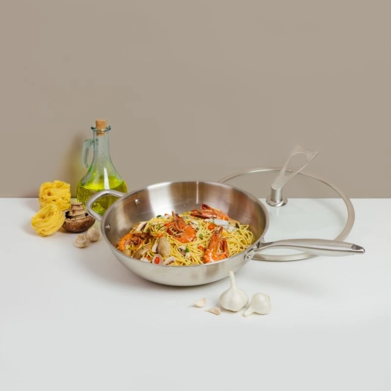 Nuclad edel wok 32 cm || premium stainless steel chef wok wajan tahan lama Free! tempered glass lid