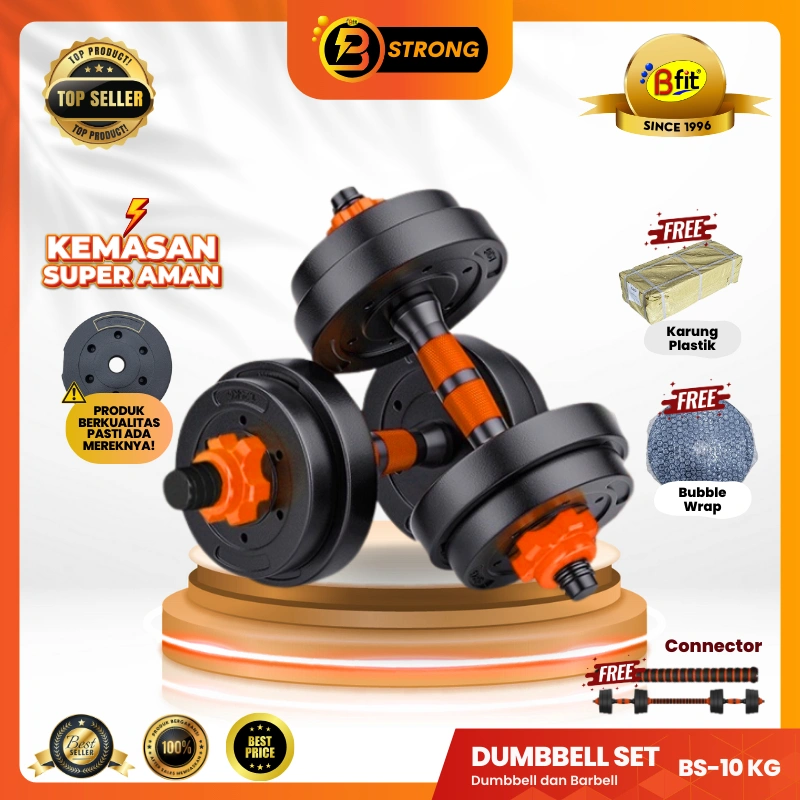 B-STRONG BS-10 Adjustable Dumbbell Set 10KG - 4-IN-1 Barbell Kettlebell Push-Up Alat Fitness Gym