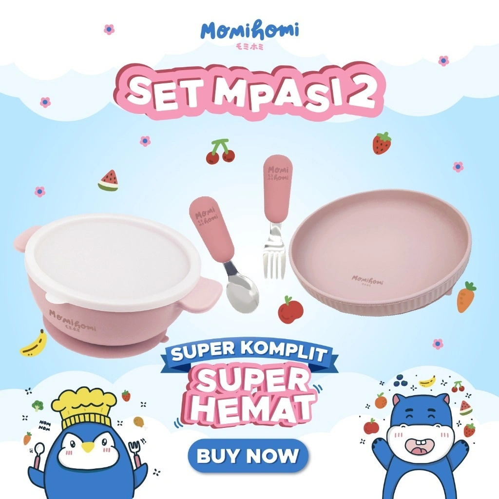 MOMI HOMI - SET MPASI Alat Makan Bayi Mangkuk Piring Silicone Dan Sendok Stainless Suction Bundling BPA FREE Anti Slip Peralatan Makan Untuk Anak Anti Tumpah Tempat Makan Bayi Mangkok Silikon Bayi Tahan Panas/ Microwave Safe 220 Food Grade 250 ML