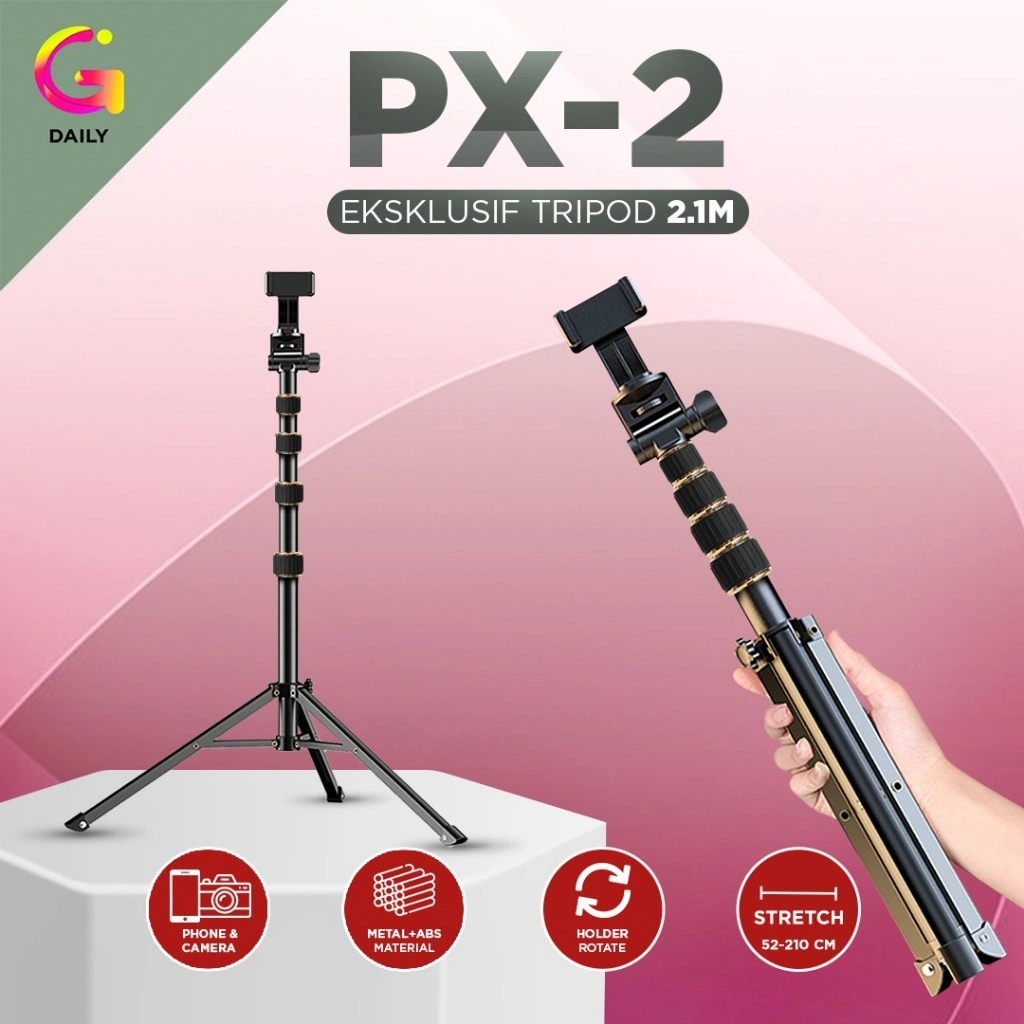PX-2 Tripod tinggi 2,1 Meter include Holder + Mini Ball Head untuk Hp Ringlight Kamera Profesional
