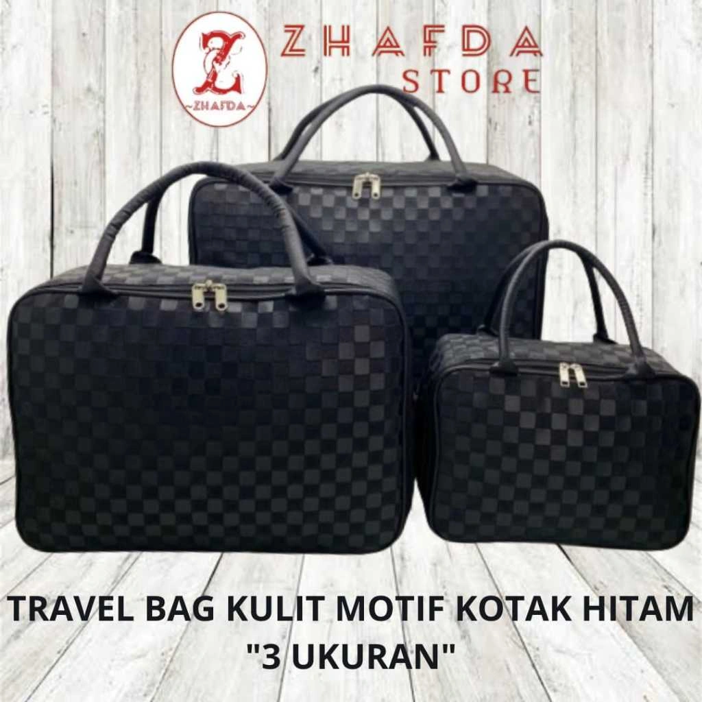 Travel Bag Kulit Waterproof Motif Kotak Warna Hitam / Tas Pakaian / Tas Travel / Tas Travel Bag 3 Ukuran / Tas Travel Catur / Tas Koper / Tas Dufel / Tas Travelling