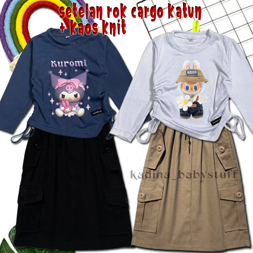 SETELAN ANAK PEREMPUAN KEKINIAN/ ROK CARGO KATUN TWILL/ KAOS CROPTOP MOTIF SABLON 1-12 TAHUN