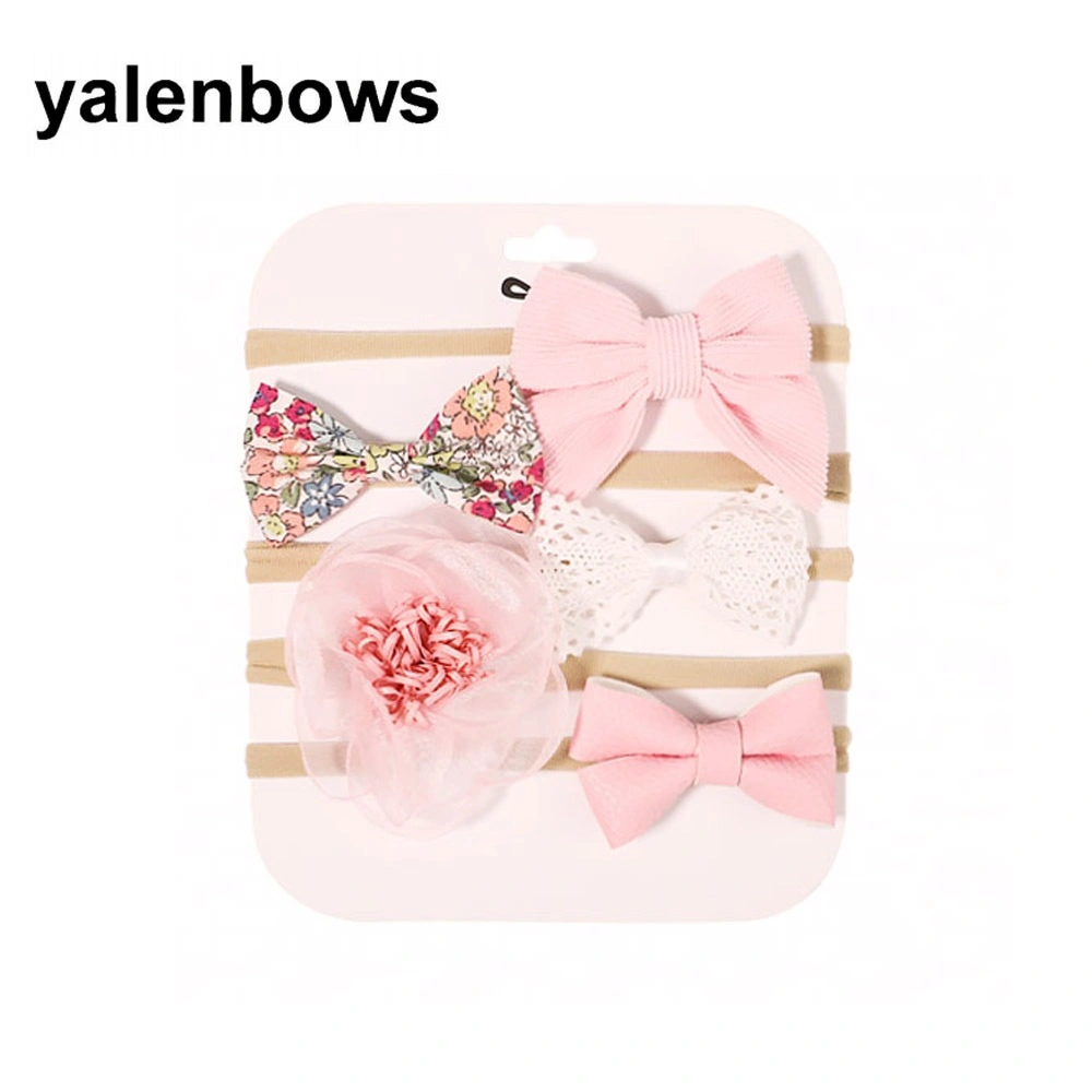5pcs/Set Newborn Handmade Solid Color Cotton Headband Girls Busur Busur Busur Nylon Nylon Band Rambut Aksesori Rambut