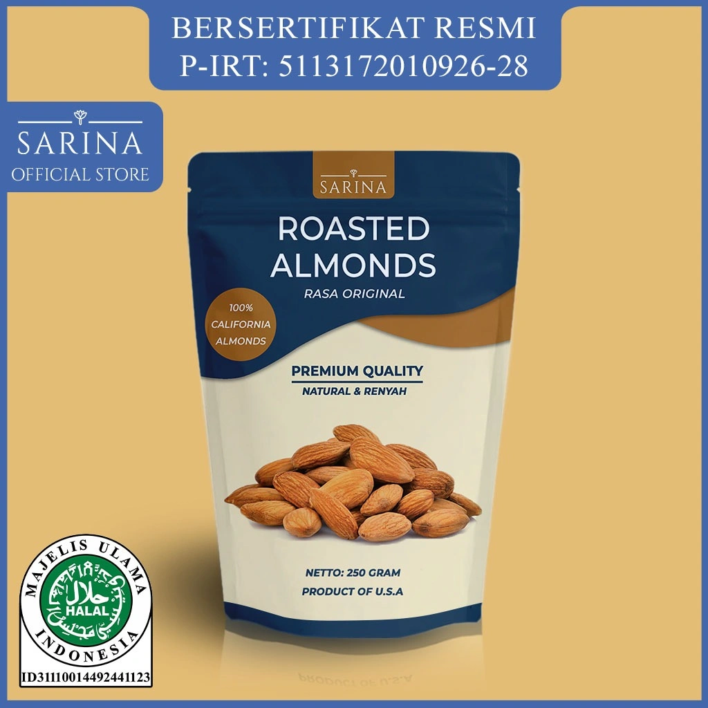 Sarina Almond Panggang California Premium 100g 250g 500g 1kg - Roasted Almond Utuh - ASI Booster & Cemilan Diet Sehat