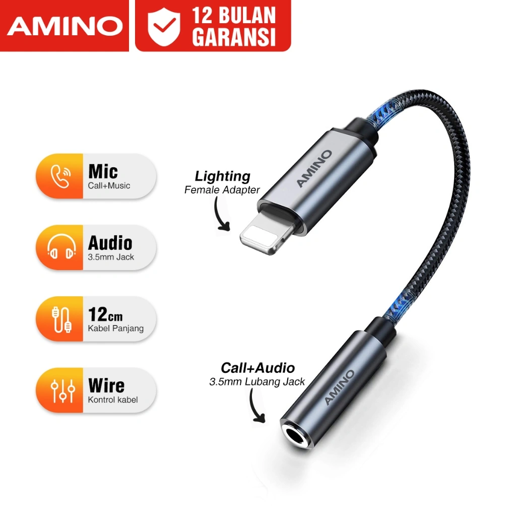 AMINO Adapter Untuk Iphone to Audio Male / Lighting to Aux 3.5 mm Converter Splitter / Connector Aux Headphone Jack Durable / Smartphone IOS Kabel Cable Converter Female/ Audio Call Open Mic Untuk Iphone 14 Pro Max 13 Pro Max 12 Pro Max 1